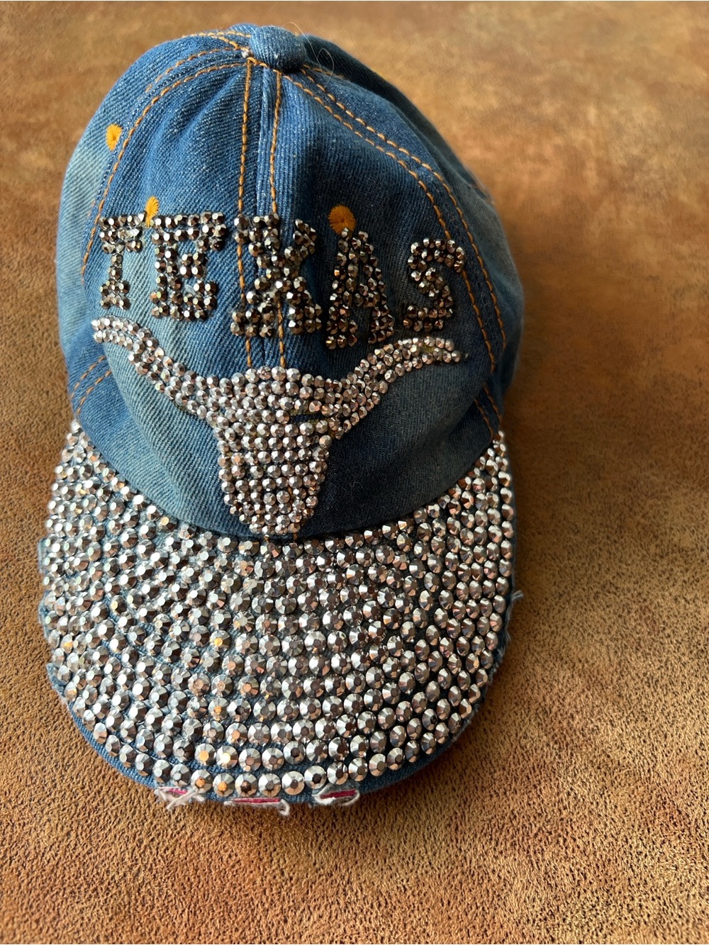 Blue distressed Denim Rhinestone Texas Longhorns Baseball Cap